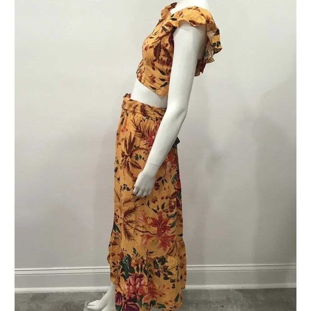 Rachel Roy Linen Skirt Set 3 Blouse Maxi Skirt Belt Floral Vacation Outfit Small